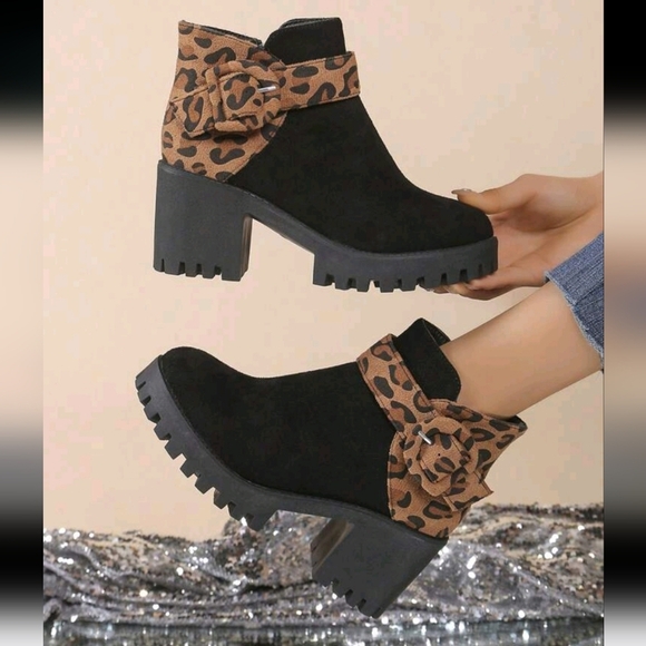 Chunky Heeled Ankle Boots For Women, Leopard Print,Versatile,Platform High Heel - Picture 1 of 5